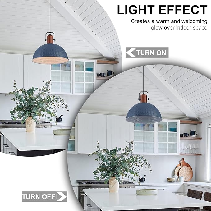 12 Inch Blue Pendant Lights Hammered Matte Pendant Lights for Kitchen Island Industrial Farmhouse Adjustable Height Dome Hanging Light Fixtures for Barn, Dining Room 3 Packs
