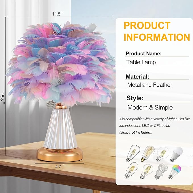 Colorful Feather Table Lamp Cute Ceramic Fluffy Bedside Lamp Princess Furry Nightstand Light Girl Romantic Desk Lamp for Girl Bedroom Living Room Office Nursery Valentines Wedding Decor