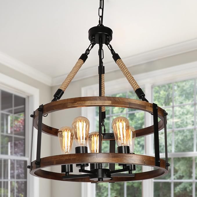 Rustic Wood Chandelier for Dining Room 5-Light, Kitchen Island Industrial Pendant Light Vintage Hanging Dining Room Farmhouse Light Fixtures