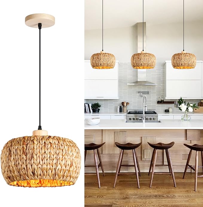 Boho Pendant Lights Kitchen Island, 11.8" Bohemian Rattan Hand-Woven Light Fixture Natural Seagrass Weaving Lighting Hanging Ceiling Chandelier for Restaurants Living Dining Room Farmhouse