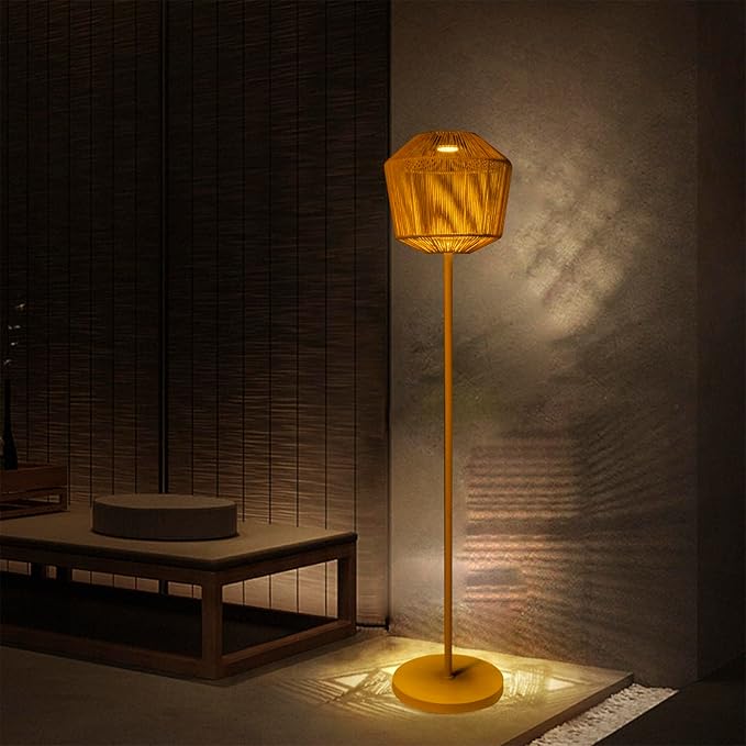 Outdoor Solar Floor Lamp, Large Natural Rattan Lantern with Metal Pole and Base, Waterproof Lamp for Patio Yard Garden Wedding Home Decoration
