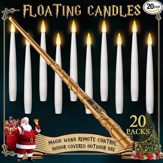 Floating Candles with Wand 20PCs -Christmas Magic Hanging Flameless Candles Taper Candles with Remote for Halloween Window Home Bedroom Birthday Party Decorations