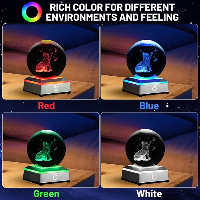 3D Crystal Ball Night Light with LED Colorful Touch Base - Cat Lover Gifts for Women & Teens, 3.15 In Cat Figurines Glass Sphere Lamp for Birthday, Christmas, Home Decor
