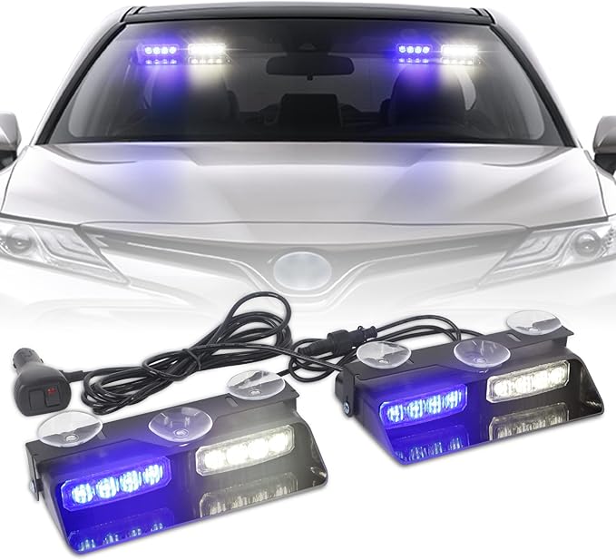 XRIDONSEN 2 in 1 Blue White Emergency Dash Strobe Lights Interior Front/Rear Windshield Lights Warning Safety Flashing Volunteer Firefighter Police Lights for Vehicles, Trucks (2x7.16 inch, 16 LED)