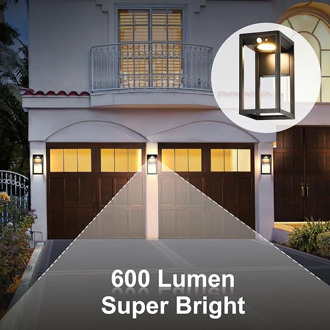 Solar Outdoor Wall Lights with Motion Sensor - 600 Lumen Aluminum Solar Sconce Lights Outdoor, Dusk to Dawn Wall Lantern for Garage, Porch, Front Door. IP44 Waterproof, 2 Pack, Black