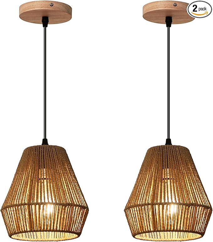 2 Pack Rattan Pendant Light Fixtures, 7'' Mini Boho Kitchen Island Pendant Lights Set of 2 Hand Woven Wicker Coastal Natural Small Hanging Light Fixture for Bedroom Dining Room Bar Hallway