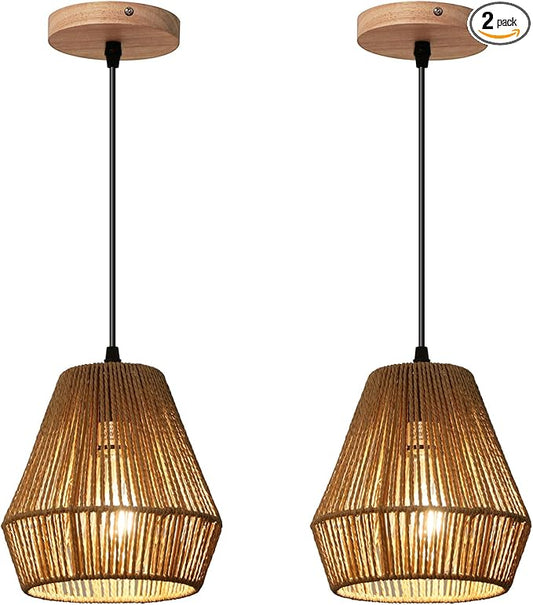 2 Pack Rattan Pendant Light Fixtures, 7'' Mini Boho Kitchen Island Pendant Lights Set of 2 Hand Woven Wicker Coastal Natural Small Hanging Light Fixture for Bedroom Dining Room Bar Hallway