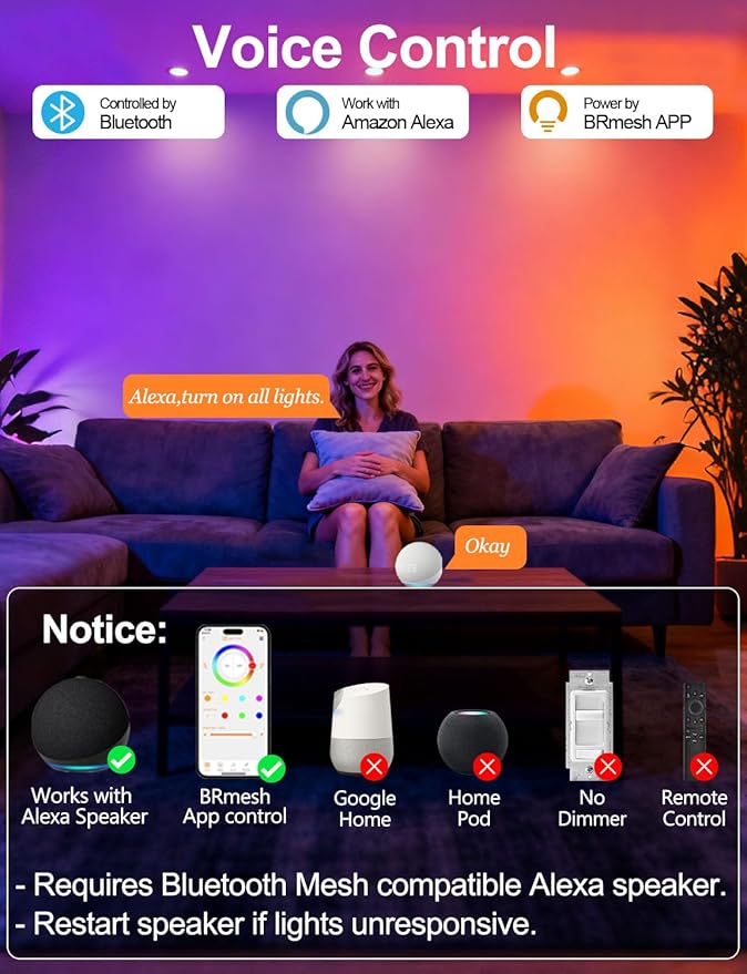 ILC 4 Inch LED Reccessed Downlights Compatible with Alexa (Hub Required), 10W, APP Controlled, RGB Color Changing, 2700K-6000K, 100W Equivalent, Recessed Ceiling Lights,Bluetooth MESH (6 Packs)
