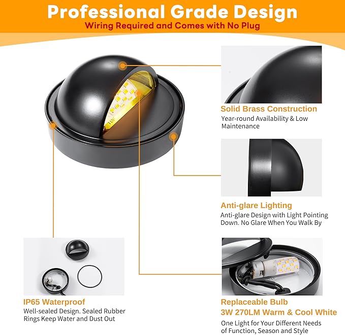 Gardenreet Low Voltage Deck Lights - Landscape Solid Brass LED Step Lights Outdoor, 12V Hardwired IP65 Waterproof, Round Black for Fence Wall Stair with 3 Color Temp(2700K/3000K/4000K) G4 Bulb 8 Pack