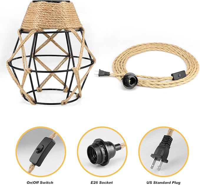 Plug in Pendant Light, Industrial Hanging Light with Plug in Cord, Hemp Rope On/Off Switch Farmhouse Pendant Light, Hanging Lamps for Dining Room