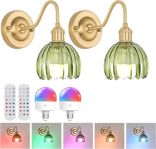 Vintage Battery Operated Wall Sconce Set of 2, 5000mAh Rechargeable Wall Light, Indoor Battery Powered Wall Lamp for Bedside Bedroom Living Room, Tulip Green