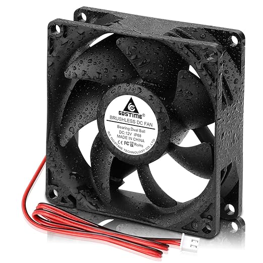 GDSTIME 80mm x 25mm 12V IP68 Waterproof Exhaust Fan Small Brushless DC Cooling Computer Case Fan 2 Pin Dual Ball Bearings for RV Fridge Ventilation, 2 Pack