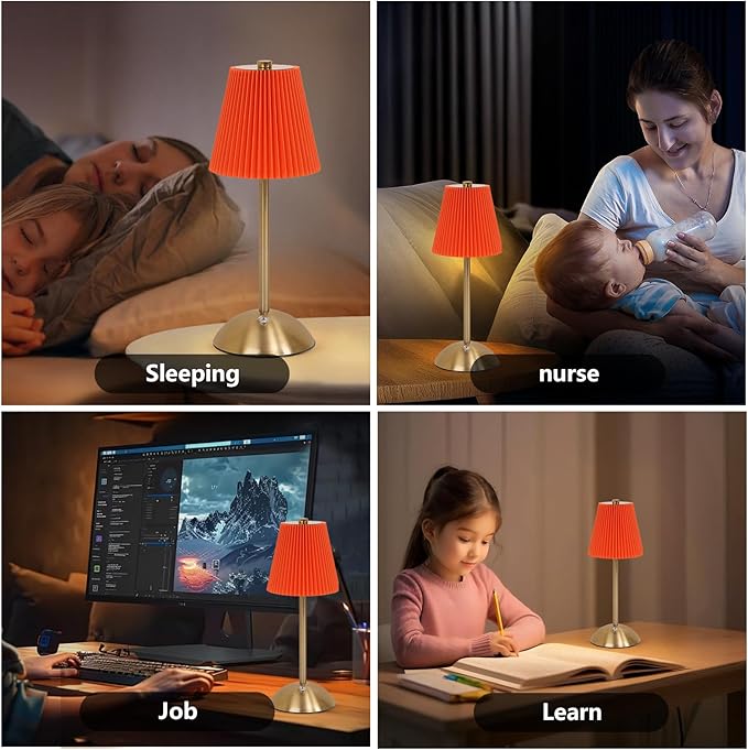 Cordless LED Red Orange Table Lamp with Dimmer, Built-in Rechargeable Battery, 3-Level Brightness, Patio Table Lamp, Bedside Night Lamp, Ambient Light for Restaurant, Antique Brass (Orange)