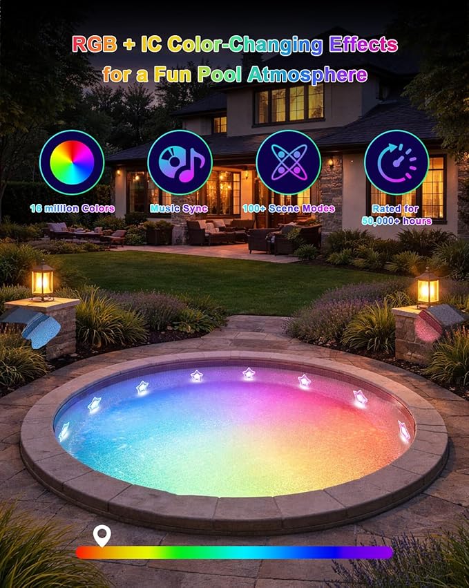 RGB+IC Pool Lights for Inground & Above Ground Pools, Submersible Underwater Pool Lights with App & Remote Control, 16M Colors, Timer, IP68 Waterproof, 25FT Swimming Pool Lighting