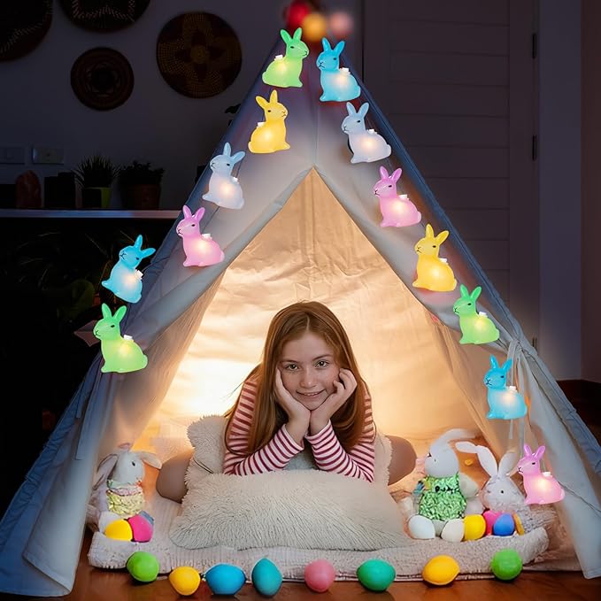 Couah 8.5Ft Multicolor Easter Lights with 10 LED Bunny Lights Plug in Easter String Lights Waterproof for Home Indoor Outdoor Garden Spring Party Easter Decorations