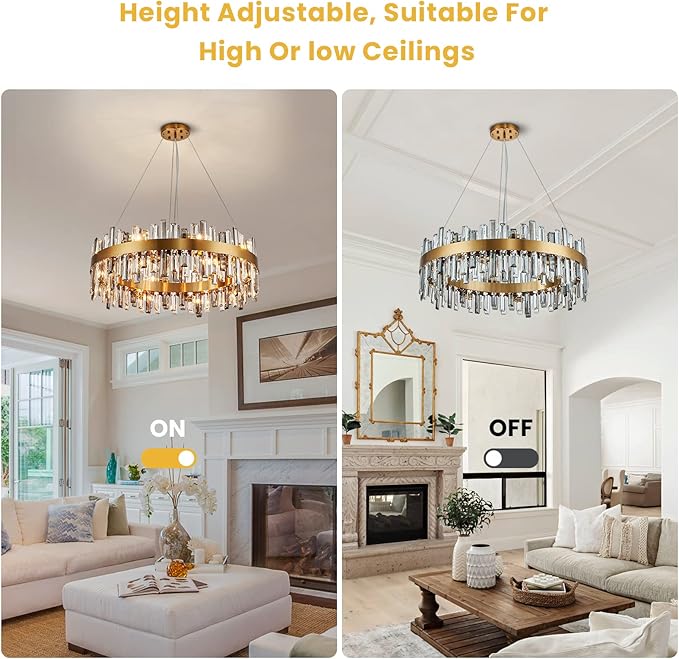 Siljoy 16 Lights Modern Crystal Chandelier Luxury Gold Round 2-Tiers Raindrop Crystal Chandelier Flush Mount Pendant Ceiling Light Fixture for Dining Room Living Room Entryway Foyer D31.5'' x H9.8''