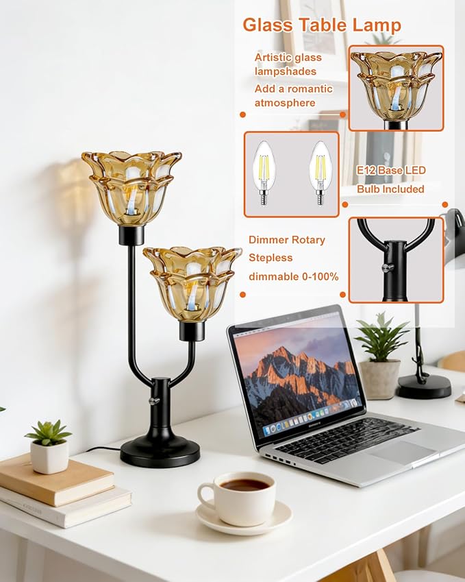 Lightdot Mid Century Modern Flower Table Lamp Black Dimmable U-Shaped Brown Glass Desk Lamps with 2Pcs 3000K Warmwhite Bulbs Included Bedside Nightstand Lamp for Living Room Bedroom