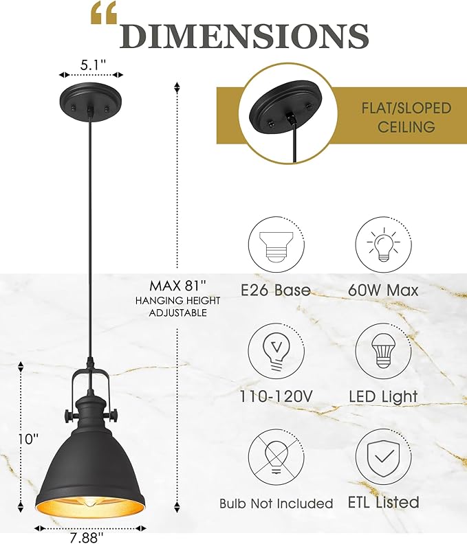Black Pendant Lights Kitchen Island, 8" Farmhouse Hanging Lights Fixtures with Metal Shade, Rustic Kitchen Pendant Lighting Over Island for Dining Room, AD-2151-1PM-BK
