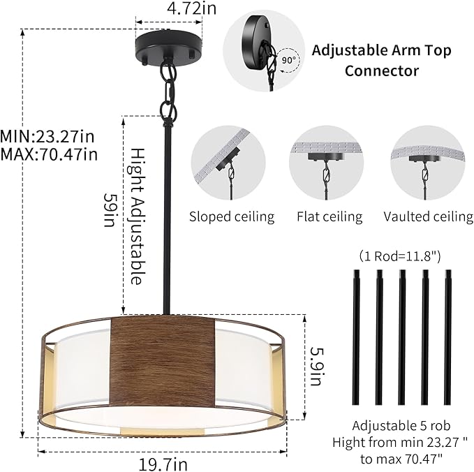 19.7'' Farmhouse Drum Chandeliers for Dining Room, 4 Light 2-Layer Shade Chandelier Large Round Pendant Light Fixtures, Modern Light Fixture for Dining Room Kitchen Island Living Room Bedroom