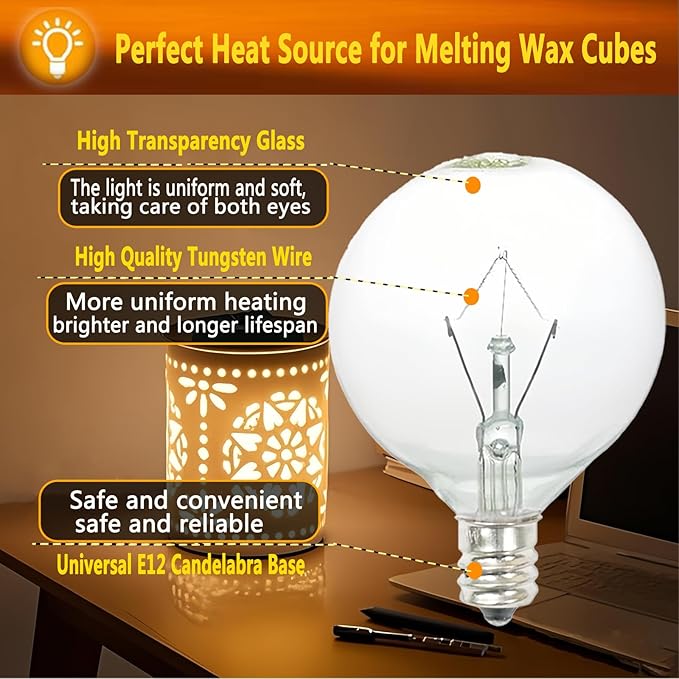 40W Light Bulbs,Wax Warmer Bulbs,E12 Candelabra Base 120 Volt Round Light Bulbs for Full Size Scentsy Warmer,Wax Melt Warmer,Chandelier Table Lamp Wall Sconces,Soft Warm White,G50/120V,6 Packs