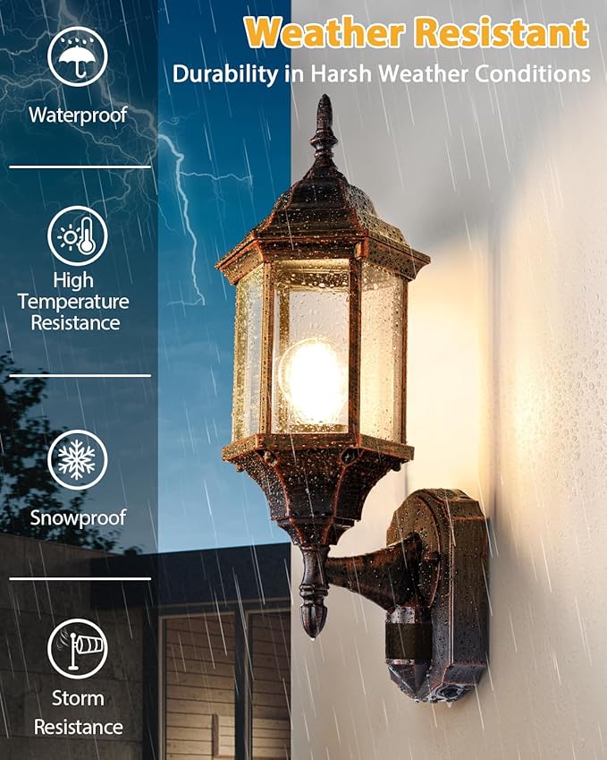 Redluck Motion Sensor Outdoor Lights, 16 inch Dusk to Dawn Outside Porch Lights, Waterproof Anti-Rust Aluminum Outdoor Wall Lights for House, Garage, Front Door, Antique Black and Bronze Gold