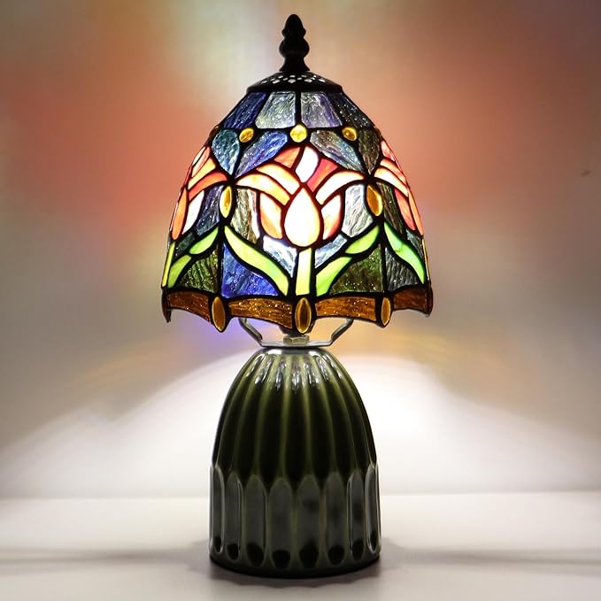 Tiffany Lamp Stained Glass Mushroom Table Lamps 6X6X12.5 Inch Red Tulip Style Small Night Light Ceramic Base Mini Accent Desk Light Suitable for Bedside Table Bedroom Children Room
