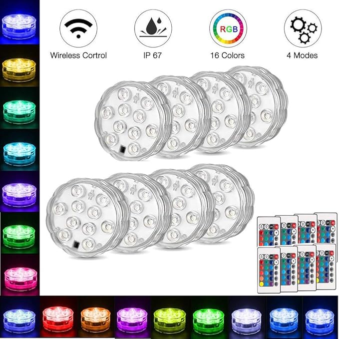 [8-Pack] Submersible Led Lights with Remotes, Kinhon Waterproof Submersible Lights Battery Operated, Underwater Pond Lights RGB Multi-color Pool Light for Pond, Garden, Base, Wedding
