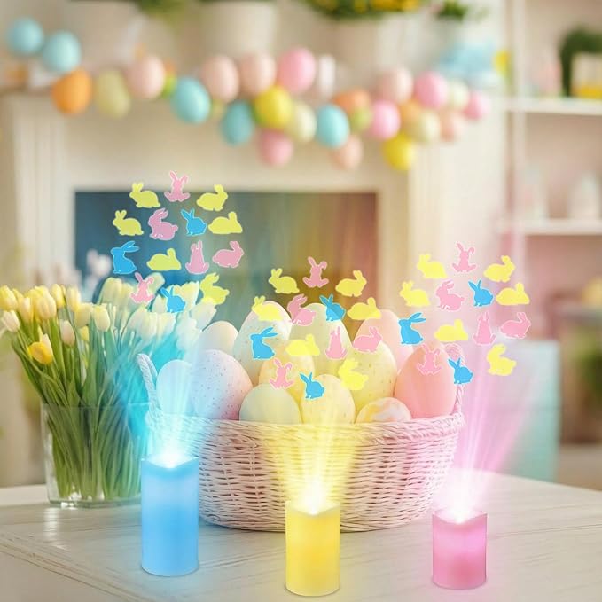 Baquler 3 Pcs Easter Flameless Projector Candles with Remote Timer - Colorful Bunny Projector Light LED Candles Battery Operated for Home Indoor Easter Holiday Party Decorations