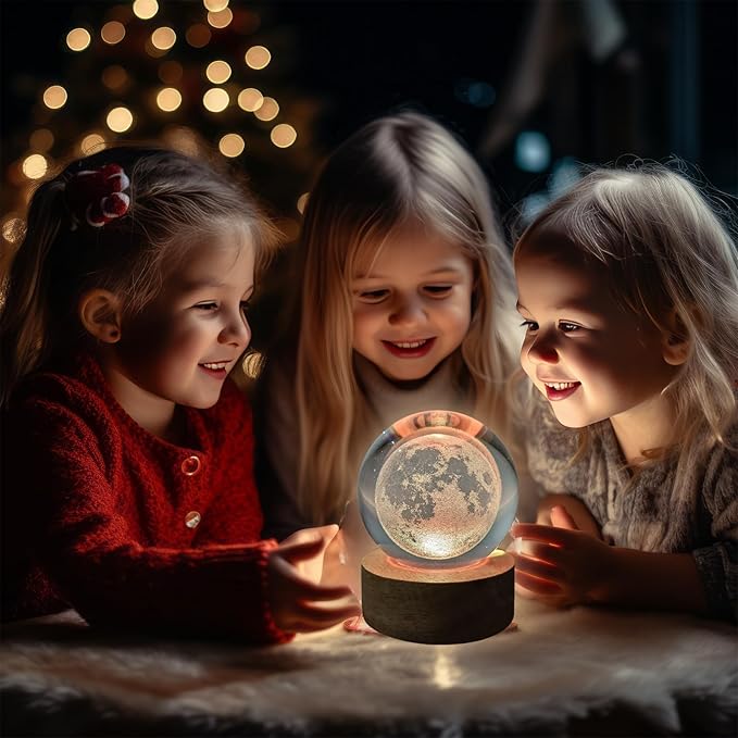 3D Moon Crystal Ball Night Light & Planet Lamp - 2.36" Glass Sphere, Automatic Color Change with 16 Colors & 4 Modes - Ideal Decorative Gift for Boy Girls Friends (3-Moon, 2.36" (Inch))