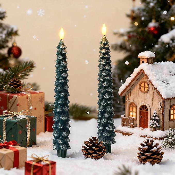 Christmas Decorations Indoor, Christmas Decor - Christmas Tree Taper Flameless Candles Battery Operated with Remote Timer, Xmas Candlesticks Home Table Mantel Room Decor, Wax, Set of 2(Green&White)
