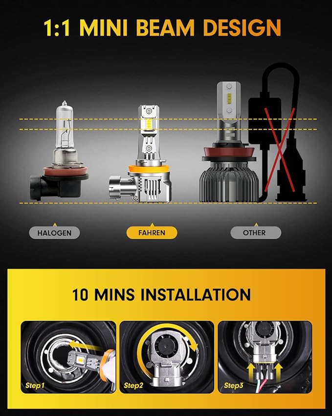 FAHREN H11 9005 Led Bulbs Combo 100000LM Intense Brightness H8/H9 HB3 Bulbs，6500K Cool White, 1:1 Mini Size, Quick Install, Plug and Play, Pack of 4 (2025 Updated)
