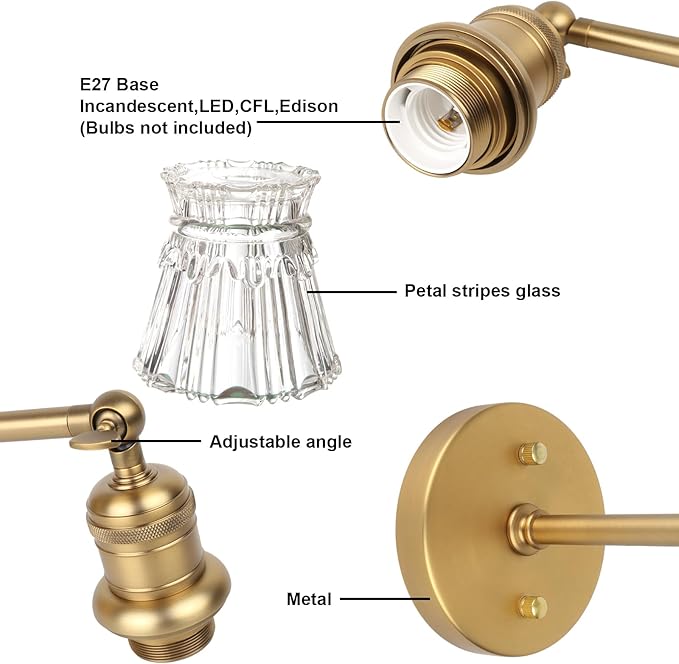 Yosoan 1-Light Vanity Indoor Wall Sconce, Brass Vintage Industrial Single Modern Light Hardwired Fixture Lamp with Petal Stripes Glass Shade for Bedroom Bathroom Kitchen Living Room Hallway(Antique)