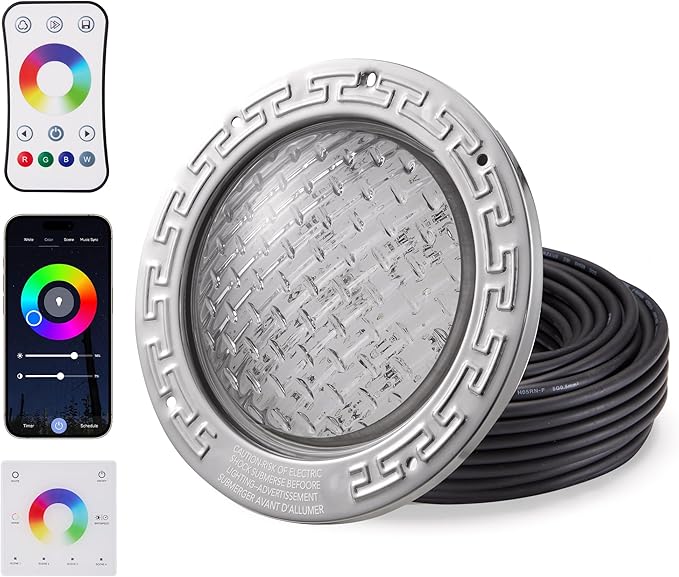 HQUA LUMORA 50W LED Pool Light for 10" Wet Niche - 120VAC, 100ft Cord, Smart Control (App/Remote/Wall Panel), Dimmable RGB Color-Changing Underwater Light (10 inch 100ft)