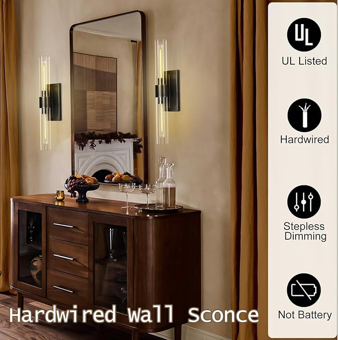 Bronze Vanity Light Sconce, 2-Light Bathroom Wall Sconce Over Mirror, Black Vanity Lights for Bathroom, Dimmable Wall Sconces with Glass Tube, Indoor Linear Wall Sconce for vertical and horizontal
