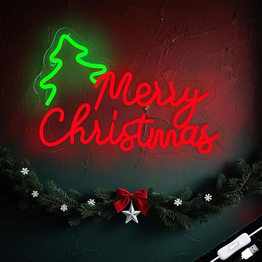 Merry Christmas Tree Neon Sign with Decorations - Holiday Wall ArtMerry Christmas Tree Neon Sign with Decorations - Holiday Wall Art