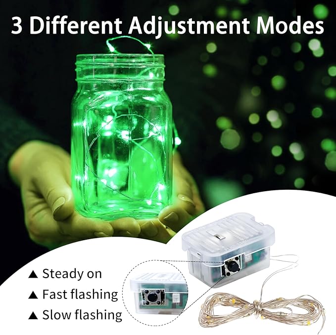 24 Pack Green Fairy Lights 7Ft 20 LED Twinkle String Lights 3 Modes Battery Operated Waterproof Firefly Starry for Mason Jar Table Centerpieces Halloween Christmas St. Patrick's Day