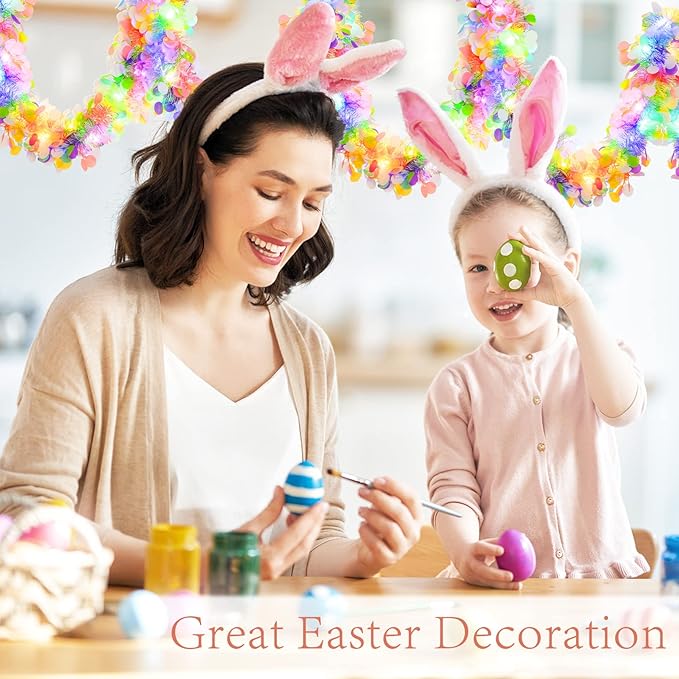 33FT Easter Tinsel Garland with LED Lights Prelit Easter Egg Metallic Twist Tinsel Garland Battery Operted Lighted Colorful Foil Hanging Garland for Tree Stairs Mantle Decoration Party Supply