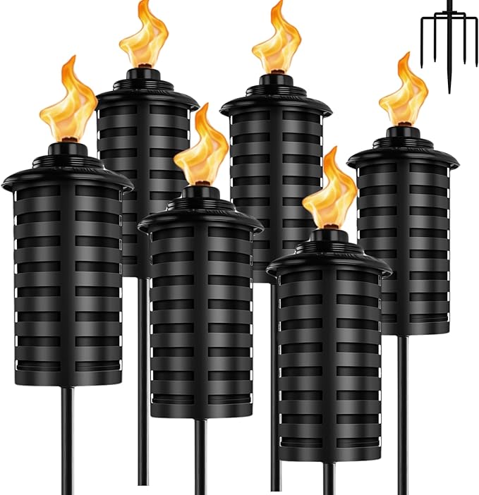 6-Pack Home Garden Torch, 16 Oz Outdoor Black Metal Torch Garden Décor,60-Inch Upgraded Citronella Torches with 5-Prong Grounded Stake, Metal Light Torches for Party Patio Pathway