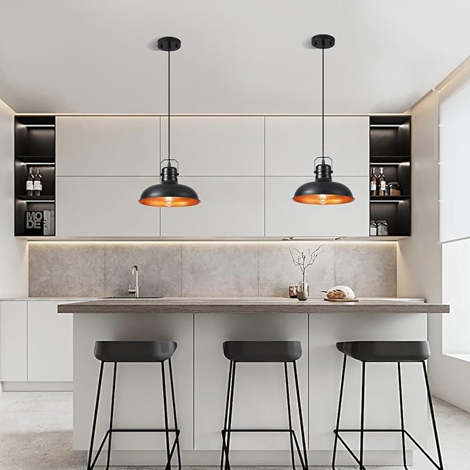 Industrial Pendant Light, 10.5 Inch Farmhouse Small Black and Gold Chandelier, Vintage Hanging Light Fixture with 71'' Height Adjustable Cord for Kitchen Island, Dining Room, Bedroom - 1 Pack