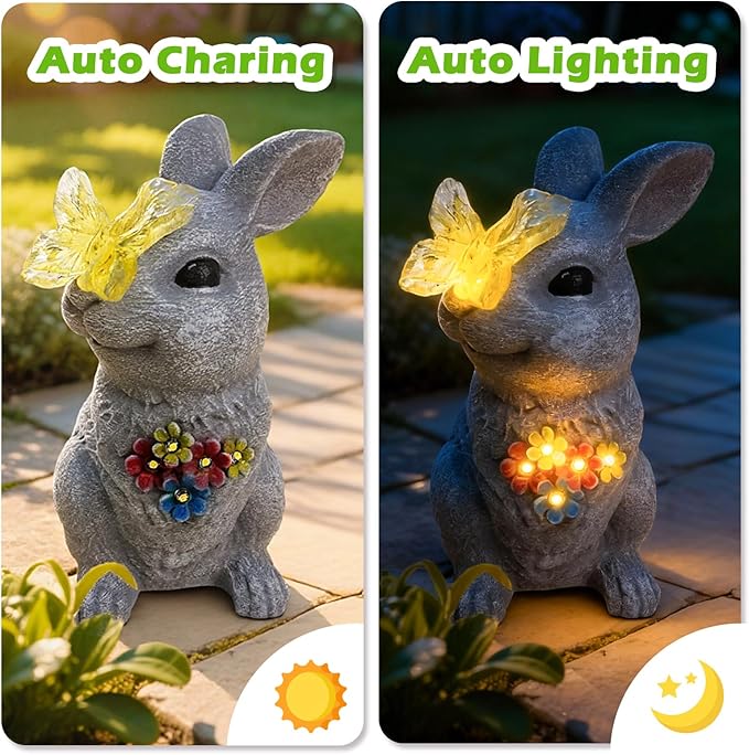 Solar Bunny Garden Statue with Glowing Butterfly - 8.3" Outdoor Garden Decor for Yard, Patio - Resin Rabbit Figurine Lights - Ideal Easter Decorations & Birthday Gifts for Mom, Grandma