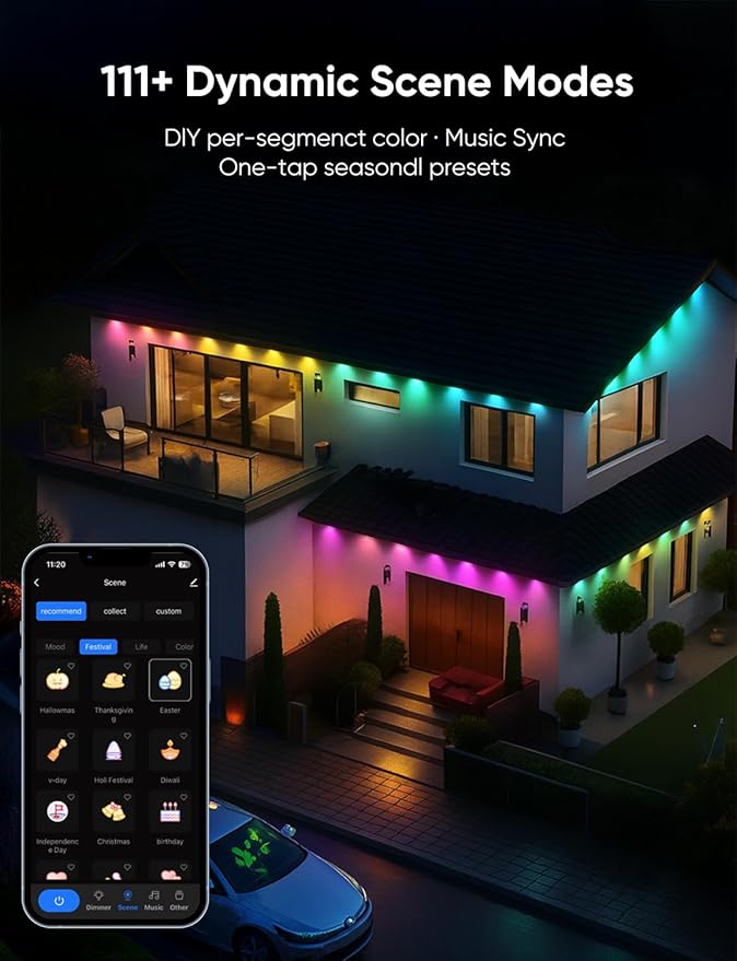 Smart Permanent Outdoor Lights, RGB with IC + White(6000K), Under-Eave Lighting, 100ft/72 LEDs/IP67 Light / IP65 Controller, 111+ Scenes, Music Sync, Alexa/Google, Wi-Fi/Voice/Remote Control