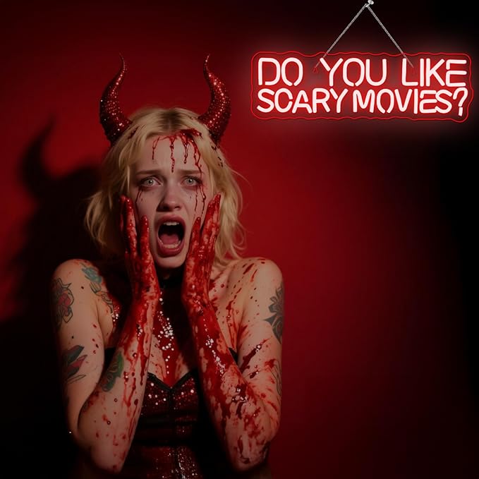 Do You Like Scary Movies Neon Sign Horror Cinema Neon Signs for Wall Decor LED Night Light for Escape Room Bar Club Party Teen Boy Man Cave Game Gothic Halloween Decoration