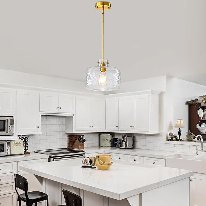 WILON Gold Pendant Lights Kitchen Island, Embossed Clear Glass Chandelier Pendant Light Fixture, Industrial Round Ceiling Pendant Light Fixture for Dining Room Kitchen Island Foyer Entryway(Brass)