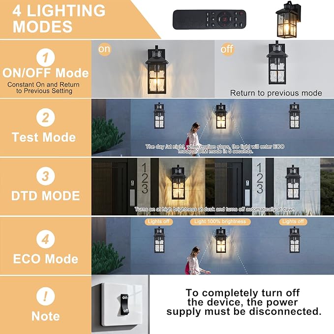 Porch Light with GFCI Outlet with Remote, Dusk to Dawn Outdoor Lighting with Outlet, Upgraded 4 Lighting Modes Motion Sensor Outdoor Lights, Waterproof Outside Lights for House Patio Garage Front Door