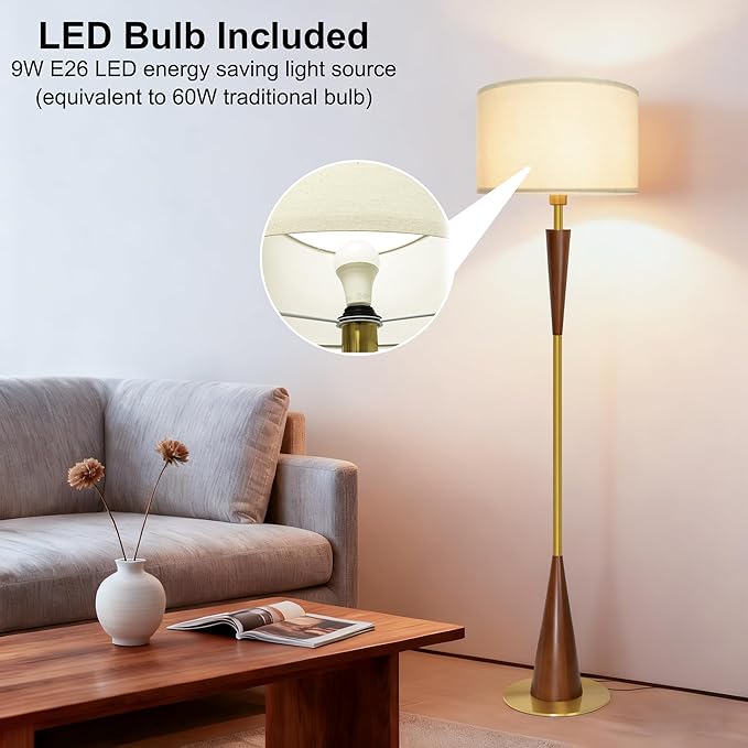 Floor Lamp for Living Room, Wood 3 Color Temperatures & Linen Shade, Modern Reading Standing Lamp with 9W LED Bulb, Mid Century Night Light for Farmhouse, Bedroom, Office, Bronze
