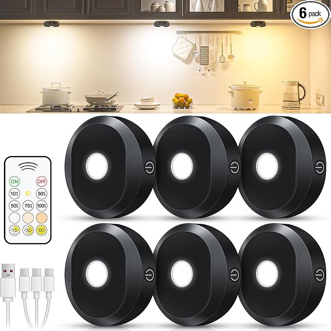 WILLED Under Cabinet Lighting Wireless,Rechargeable Puck Lights with Remote Control,Battery Tap Light Stick On,3 Colors and Timer Function LED Lights for Kitchen,Cabinet,Counter,Closet,Shelf,6 Pack