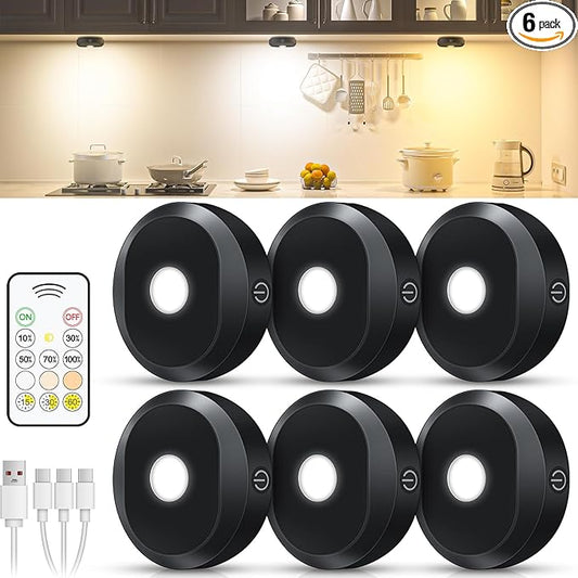 WILLED Under Cabinet Lighting Wireless,Rechargeable Puck Lights with Remote Control,Battery Tap Light Stick On,3 Colors and Timer Function LED Lights for Kitchen,Cabinet,Counter,Closet,Shelf,6 Pack