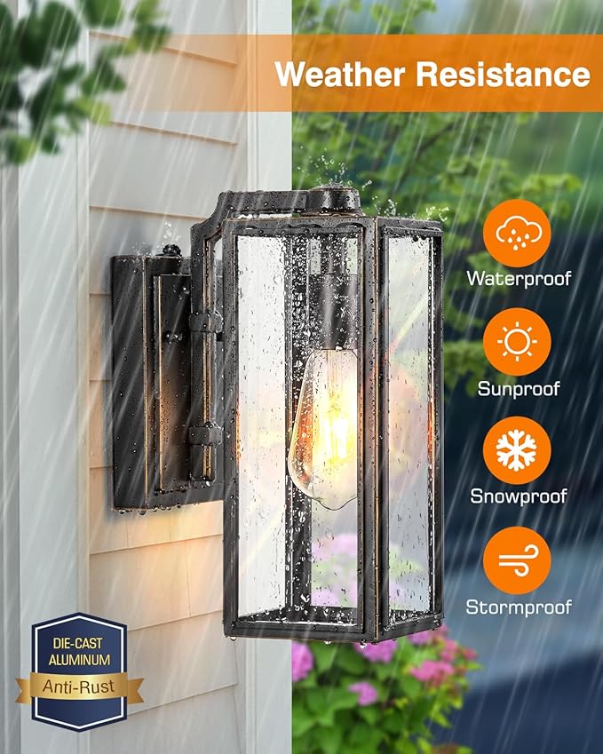 VIANIS Outdoor Wall Lights Dusk to Dawn, Large Exterior Light Fixture Wall Mount for House Front Porch Light, Black Anti-Rust Modern Outside Wall Sconces with Tempered Glass Shade for Garage