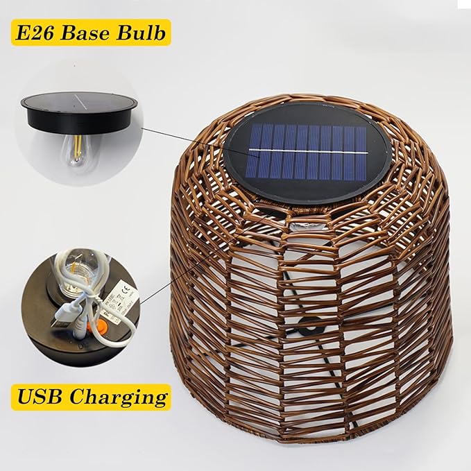 MIXL-Coffee Brown Outdoor Floor Lamp,Waterproof Wicker Shade Standing Lamp,Modern Farmhouse Dusk to Dawn Solar Light, 3000K Led Solar Outdoor Light for Patio Garden and Gazebo