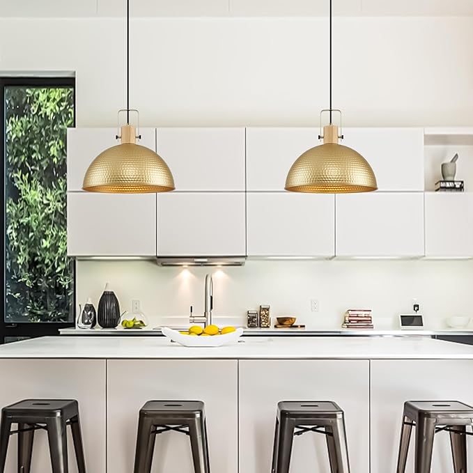 16 Inch Gold Pendant Lights Hammered Matte Pendant Lights for Kitchen Island Industrial Farmhouse Adjustable Height Dome Hanging Light Fixtures for Barn, Dining Room 1 Pack